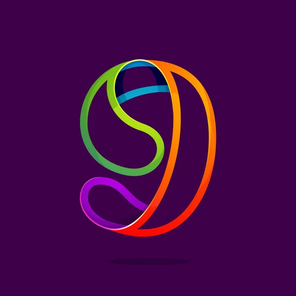 Nummer nio logotyp i roliga färgglada neon line stil. — Stock vektor