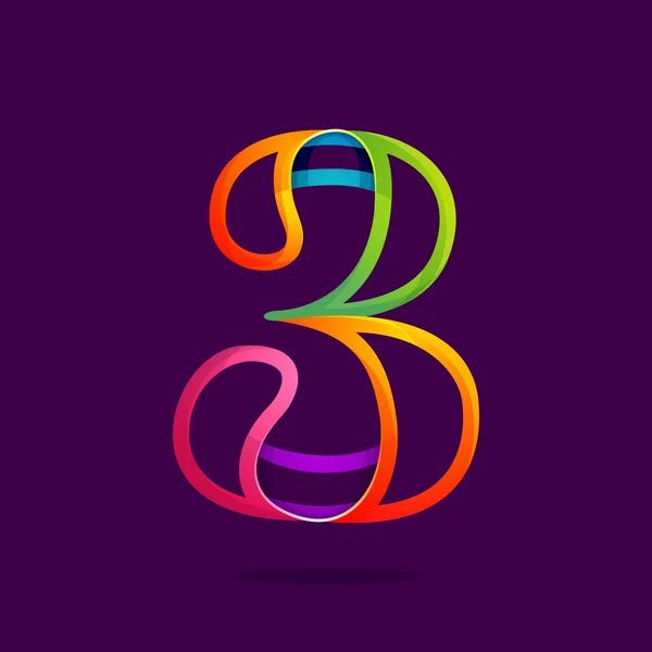 Number three logo in funny colorful neon line style. — Stock Vector