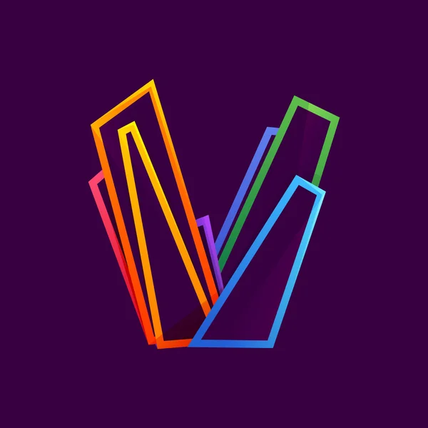 Letter V logo formed by colorful neon lines. — Stock Vector