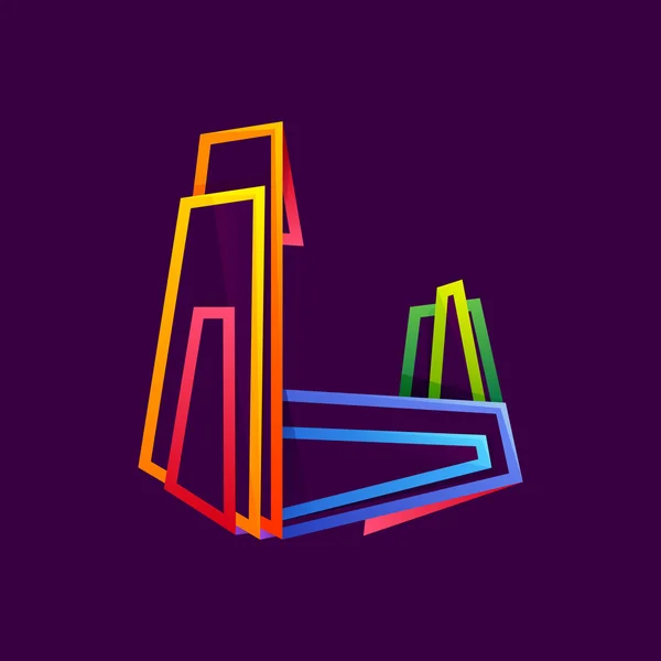 Letter L logo formed by colorful neon lines. — Stock Vector