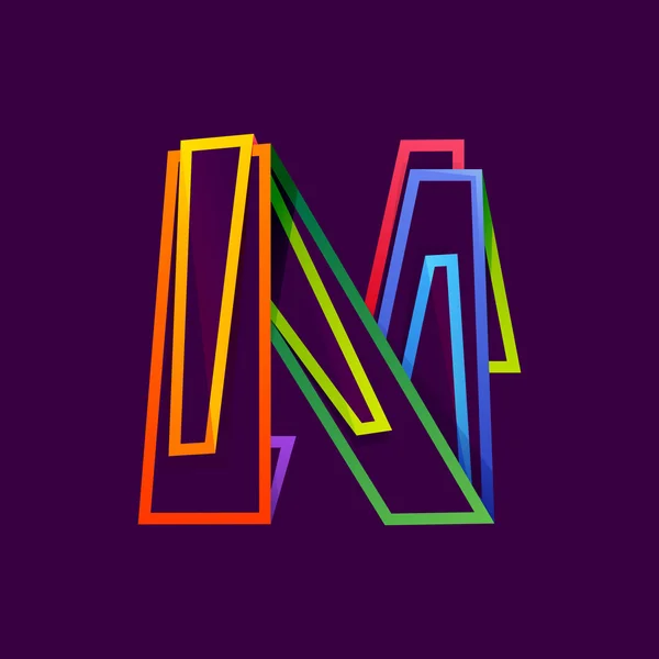 Letter N logo formed by colorful neon lines. — Stock Vector