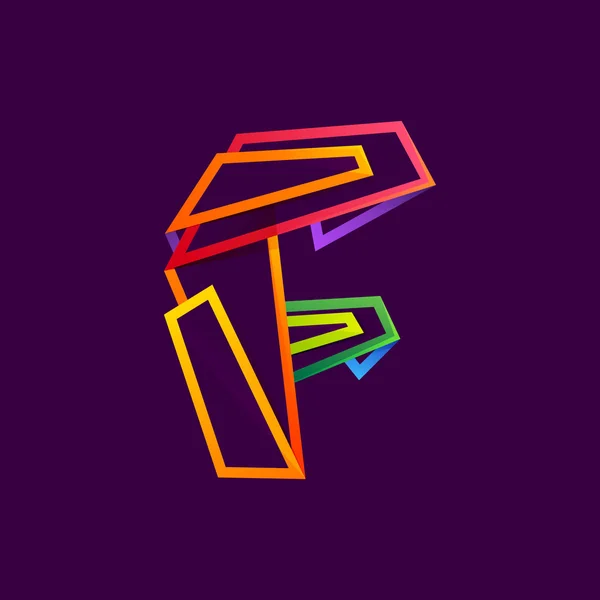 Letter F logo formed by colorful neon lines. — Stock Vector