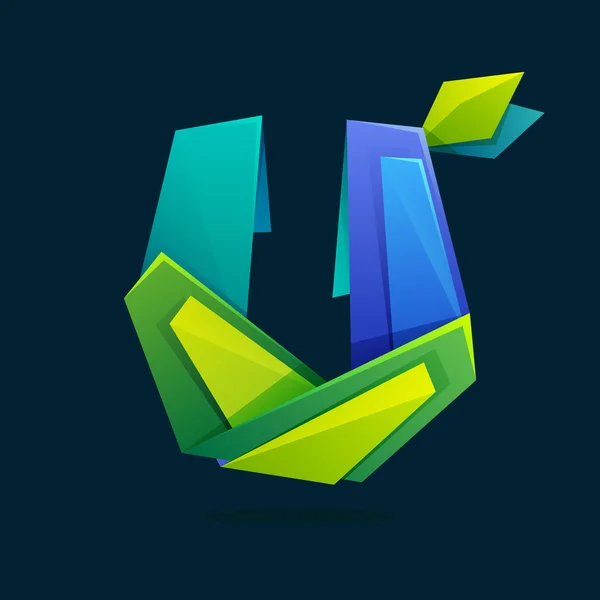 Logo litery U w stylu Low Poly z zielonymi liśćmi. — Wektor stockowy