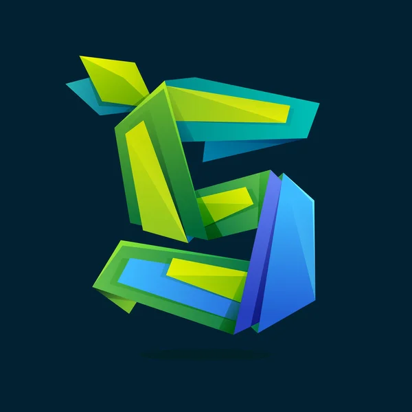 Logotipo de letra S en estilo polivinílico bajo con hojas verdes . — Vector de stock