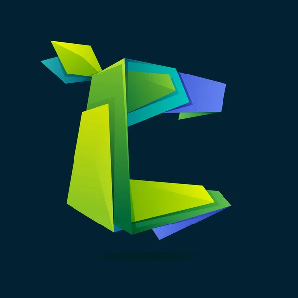 Letra C logo en estilo polivinílico bajo con hojas verdes . — Vector de stock