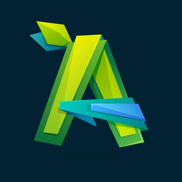 Buchstabe ein Logo im Low-Poly-Stil mit grünen Blättern. — Stockvektor
