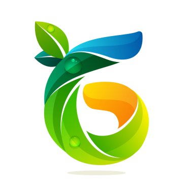 Yeşil yaprakları ve su dalgaları ile altı logo numara. 