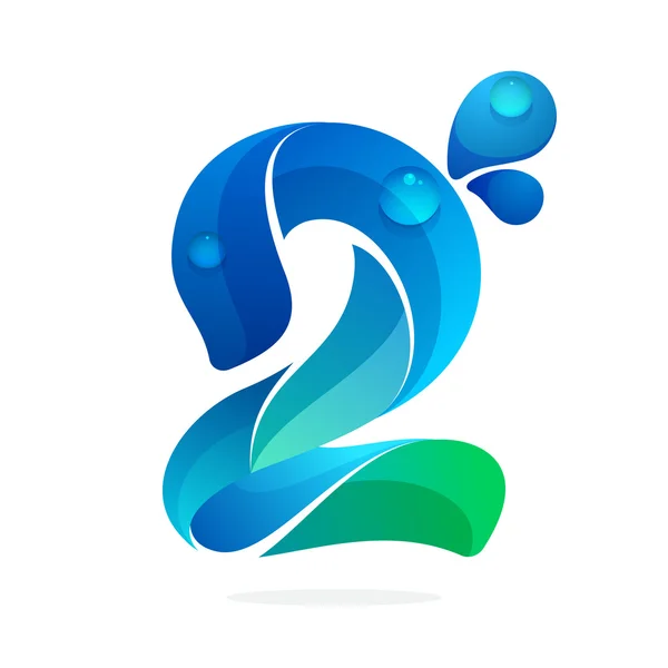Číslo dvě logo s vodní vlny a kapky. — Stockový vektor