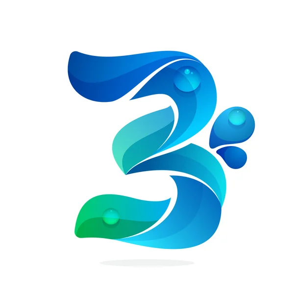 Logotipo número tres con olas de agua y gotas . — Vector de stock