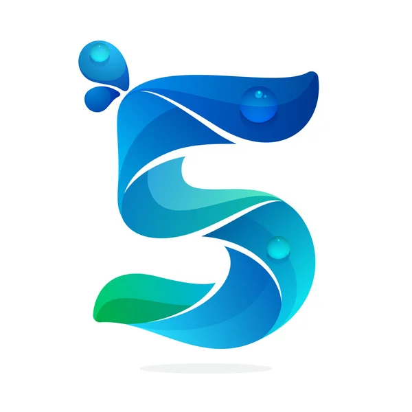 Αριθμός πέντε λογότυπο με θαλάσσια κύματα και σταγόνες. — Διανυσματικό Αρχείο