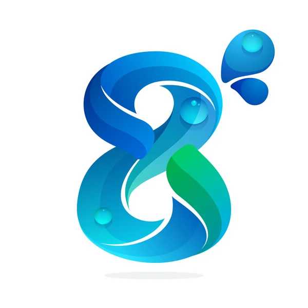 Logotipo número ocho con olas de agua y gotas . — Vector de stock