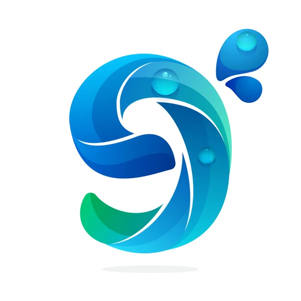 水の波と滴数 9 ロゴ. — ストックベクタ