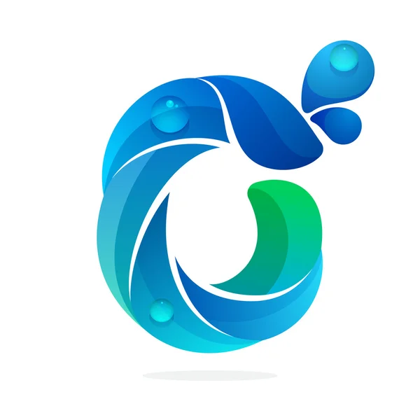 Logotipo número cero con olas de agua y gotas . — Vector de stock