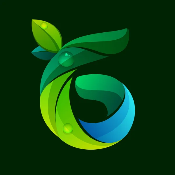Αριθμός έξι λογότυπο με πράσινα φύλλα και τα κύματα του νερού. — Διανυσματικό Αρχείο
