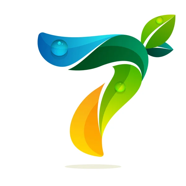 Logo numero sette con foglie verdi e onde d'acqua . — Vettoriale Stock