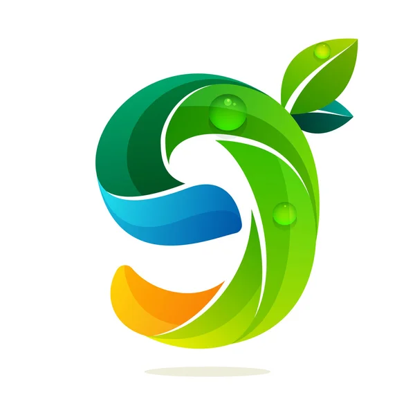 Logo numero nove con foglie verdi e onde d'acqua . — Vettoriale Stock