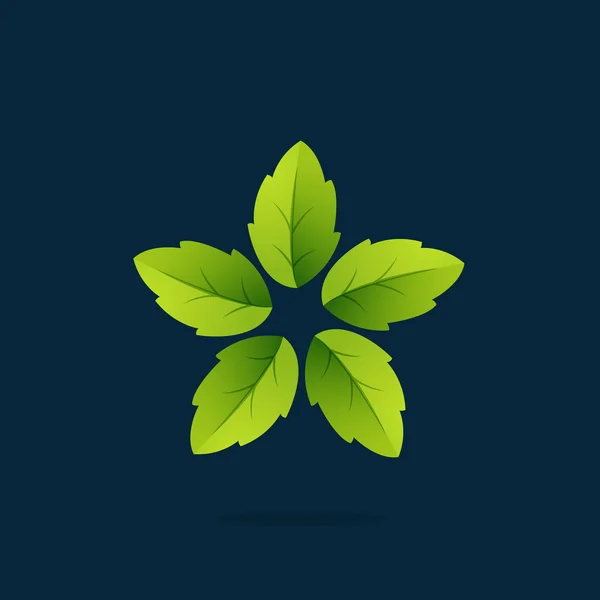 Green leaves in a swirl star logo. — Stock Vector
