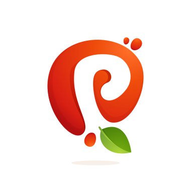Letter P logo in fresh juice splash with green leaves.  clipart