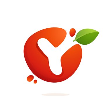 Letter Y logo in fresh juice splash with green leaves. 