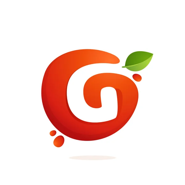 Letter G logo in fresh juice splash with green leaves. — Stock Vector