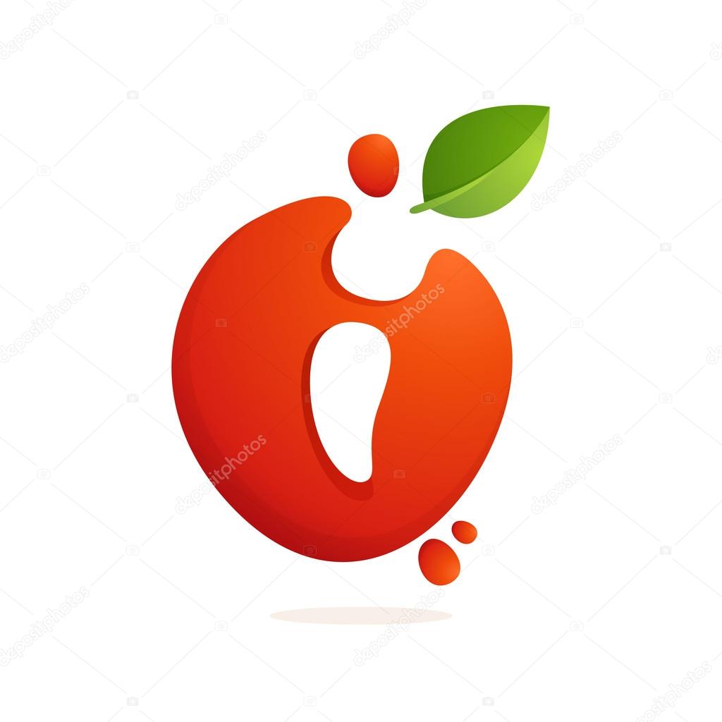 Letter I logo in fresh juice splash with green leaves. 