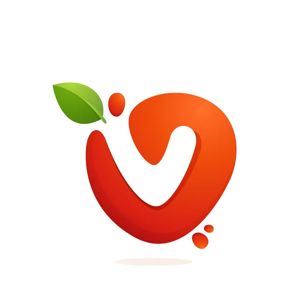 Letter V logo in fresh juice splash with green leaves. — Stock Vector