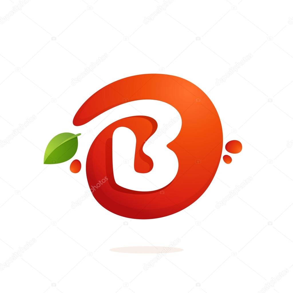 Letter B logo in fresh juice splash with green leaves. 