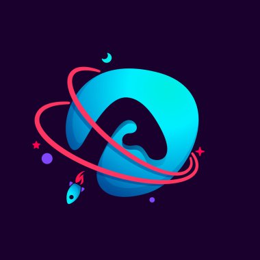 Gezegen, roket ve yörünge çizgileri ile Mektup A logosu. 