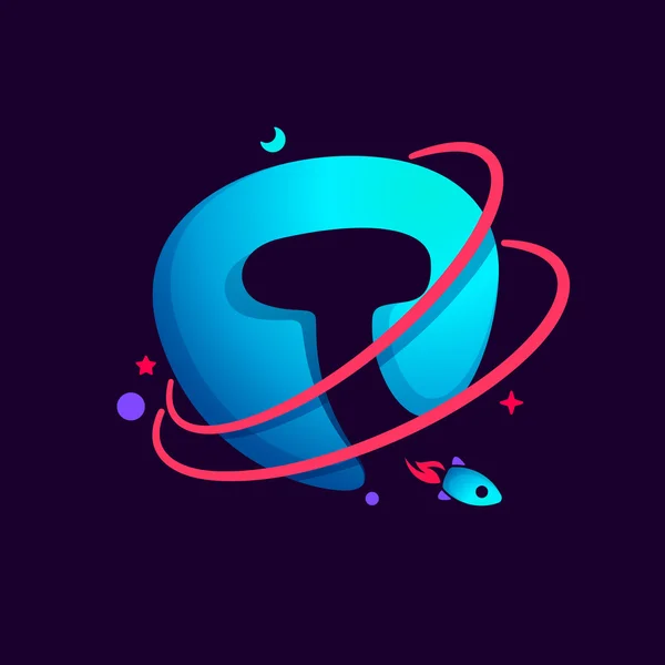 Carta T logotipo com planeta, foguete e órbitas linhas . — Vetor de Stock