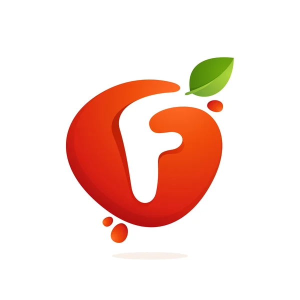 Letter F logo in fresh juice splash with green leaves. — Stock Vector