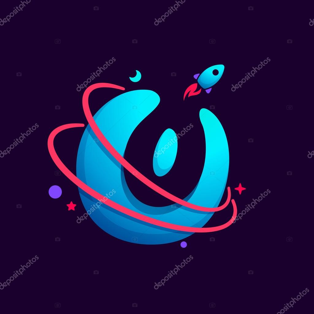 Letter O logo with planet, rocket and orbits lines. Bright vector design for science, biology, physics, chemistry company.