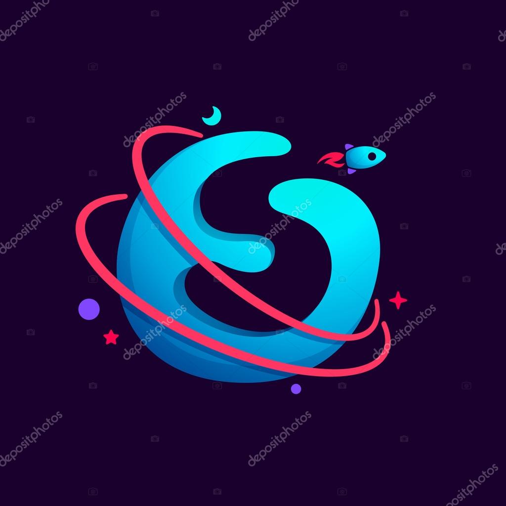 Letter S logo with planet, rocket and orbits lines. Bright vector design for science, biology, physics, chemistry company.