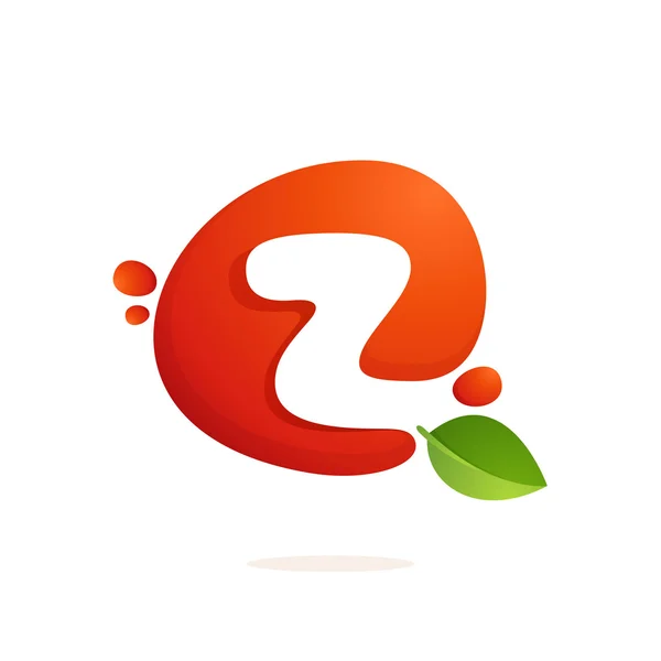 Letter Z logo in fresh juice splash with green leaves. — Stock Vector