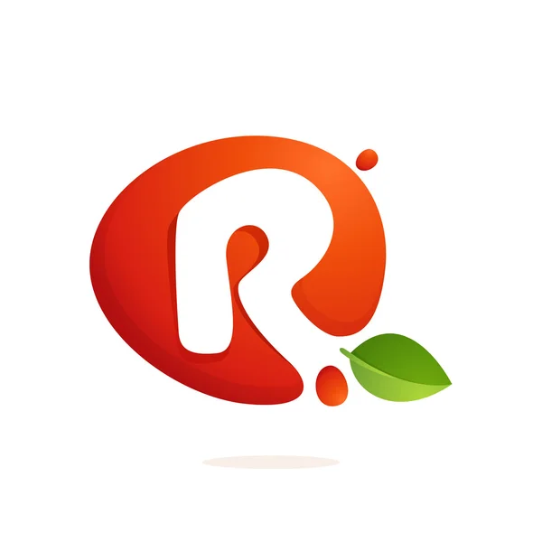 Letter R logo in fresh juice splash with green leaves. — Stock Vector