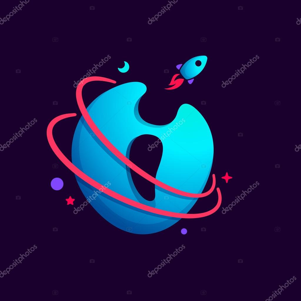 Letter I logo with planet, rocket and orbits lines. Bright vector design for science, biology, physics, chemistry company.