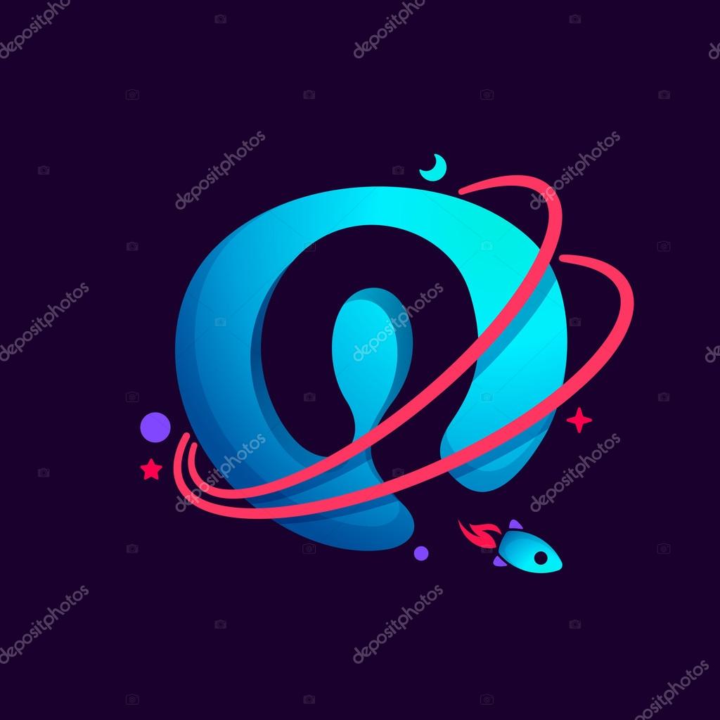 Letter Q logo with planet, rocket and orbits lines. Bright vector design for science, biology, physics, chemistry company.