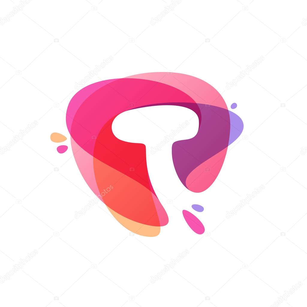 Letter T logo at colorful watercolor splash background. 