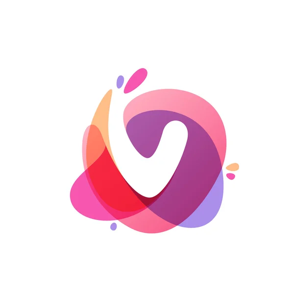 Letter V logo at colorful watercolor splash background. — Stock Vector