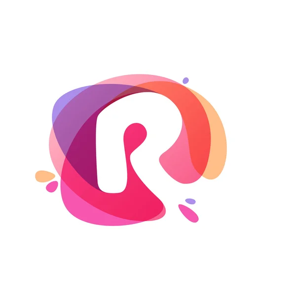 Letter R logo at colorful watercolor splash background. — Stock Vector