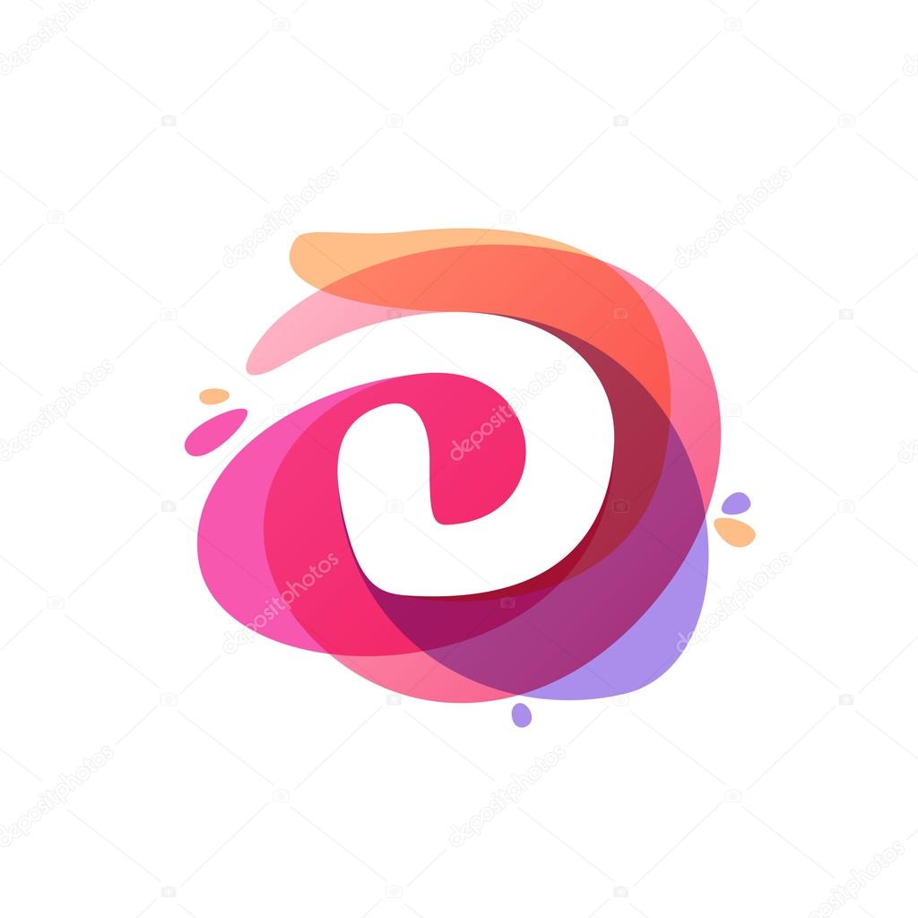 Letter D logo at colorful watercolor splash background. 