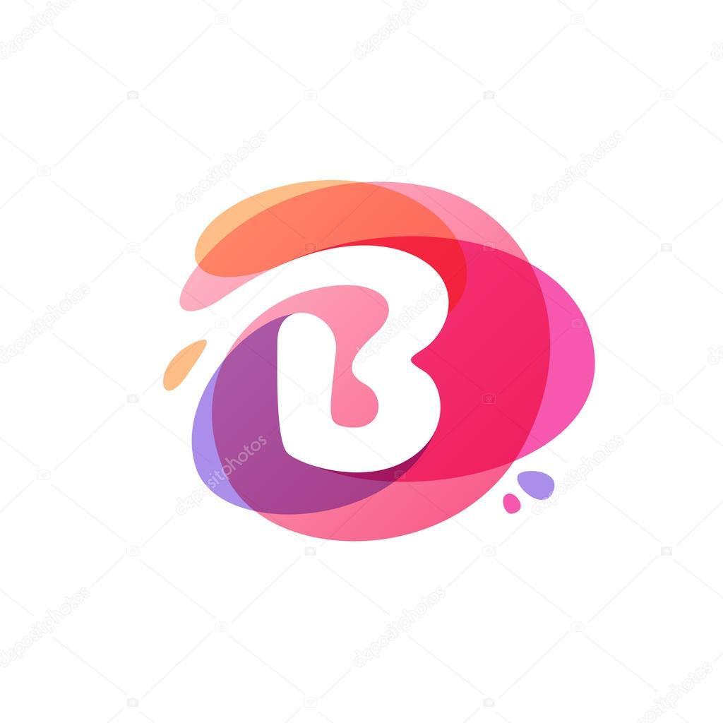 Letter B logo at colorful watercolor splash background. 
