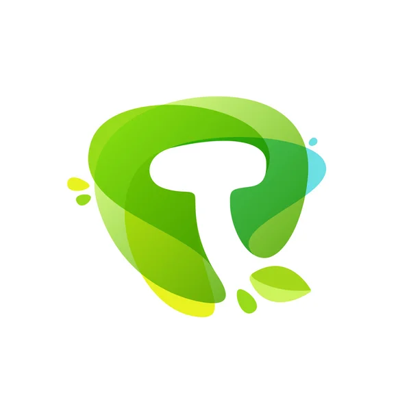 Letter T logo at green watercolor splash background. — Stock Vector