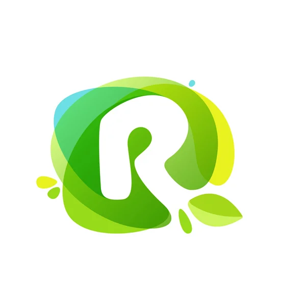 Letter R logo at green watercolor splash background. — Stock Vector