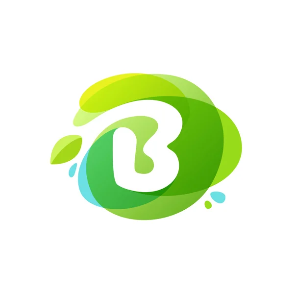 Letter B logo at green watercolor splash background. — Stock Vector