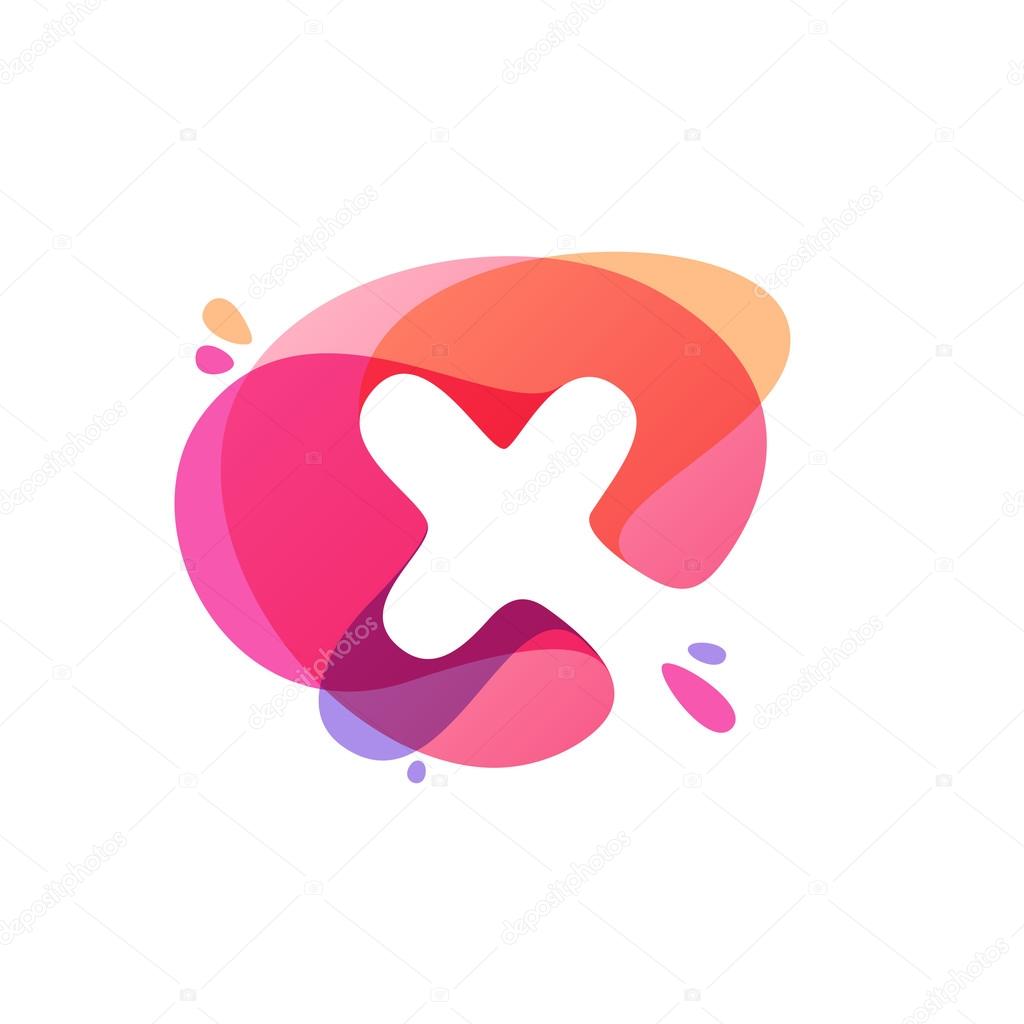Letter X logo at colorful watercolor splash background. 