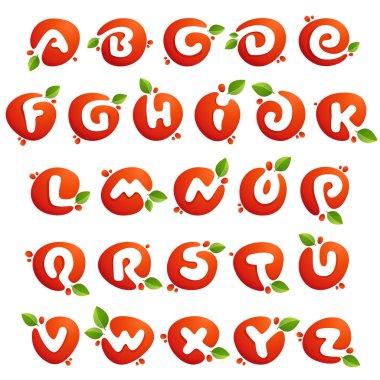 Alphabet letters in fresh juice splash with green leaves.  clipart