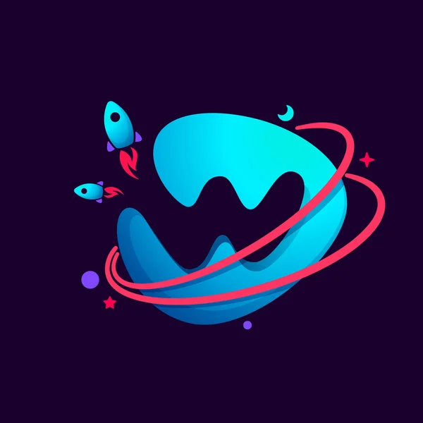 Literą W logo z linii planet, rakiet i orbity. — Wektor stockowy