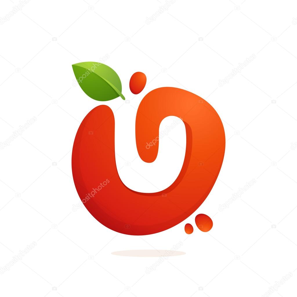 Letter U logo in fresh juice splash with green leaves. 