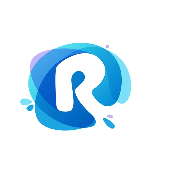 Letter R logo at blue water splash background. — Stock Vector