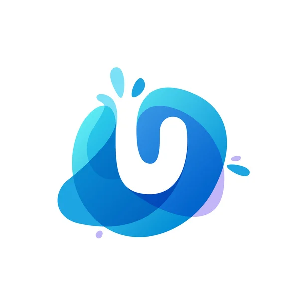 青い水しぶきの背景に文字Uのロゴ. — ストックベクタ
